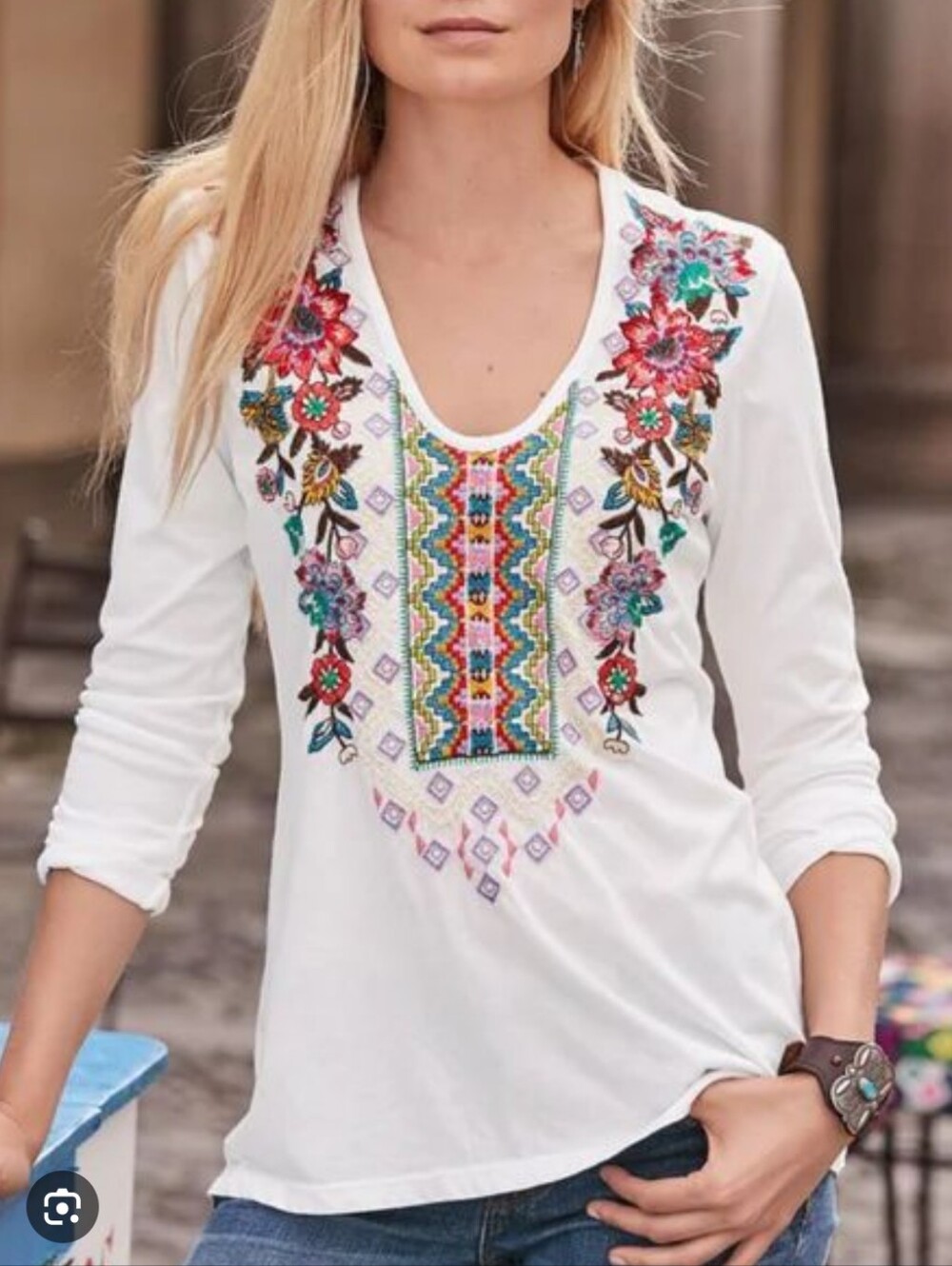 Johnny Was White Long Sleeve V-Neck Top with Multicolor Floral Embroidery Size S